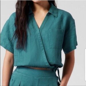 Athlete Playa Linen Tie Top in Teal - Size Medium
